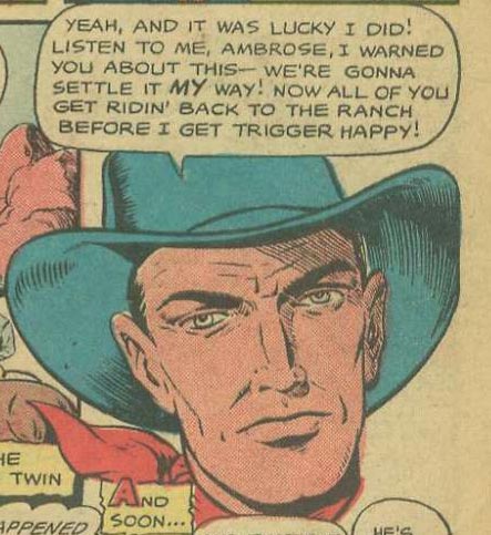 Listen up, ya lily-livered dude. This was originally published in Cowgirl Romances #2, 1950. Artist unknown.