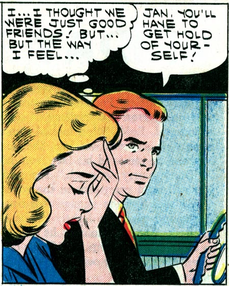 Artist unknown from "Suddenly...it's Love" in First Kiss #19, 1961.