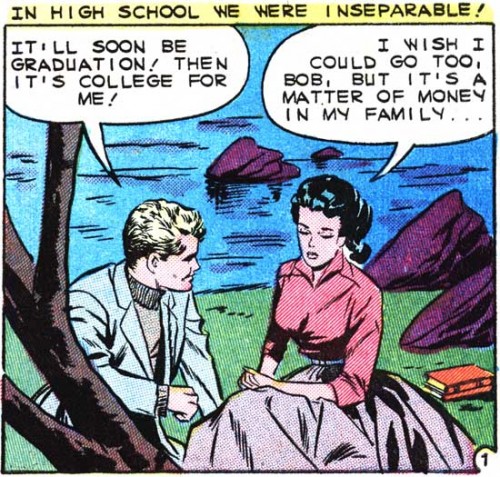 Artist unknown (although it's likely Vince Colletta.) From the story "You Can Never Tell" in FIRST KISS #10, 1959.