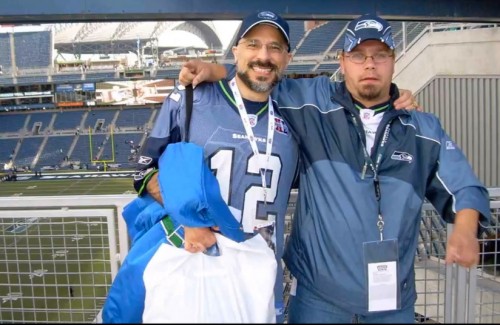 Last Kiss contributor Mike Pascale Artist-Writer (left) with Game Buzz co-creator Jason M Davies at a Seahawks game. 