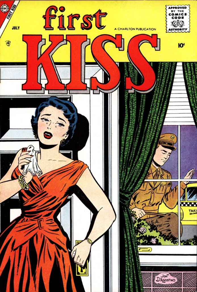 Art by Jon D’Agostino from the cover of FIRST KISS #4, 1958.