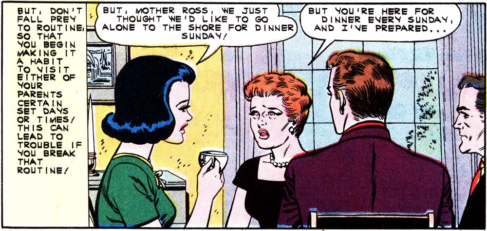 Art by Charles Nicholas and Sal Trapani from the story "Honeymoon Continued" in FIRST KISS #24, 1962.