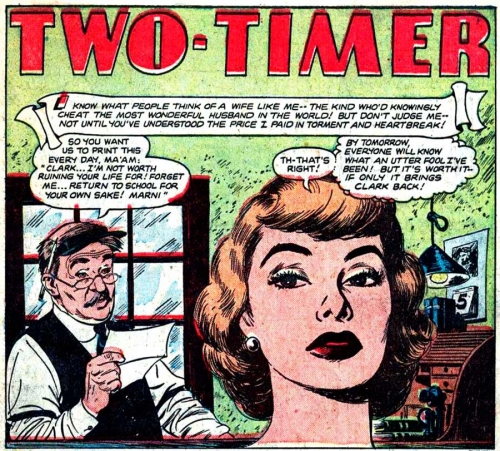 Art by Nick Cardy from the story "Two-Timer" in NEW ROMANCES #13, 1952. (Click image to enlarge.)