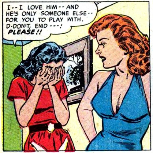 1951 art by Reed Crandall from the story "Bitter Love" in CINDERELLA LOVE #2 (Ziff-Davis.)