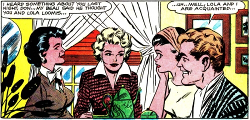 Art by the Vince Colletta Studio from the story "The Gay Deception" in FIRST KISS #8, 1959.