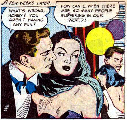 Art by Alice Kirkpatrick from the story "Claimed by the Past" in CINDERELLA LOVE #11 (Ziff-Davis), 1952.