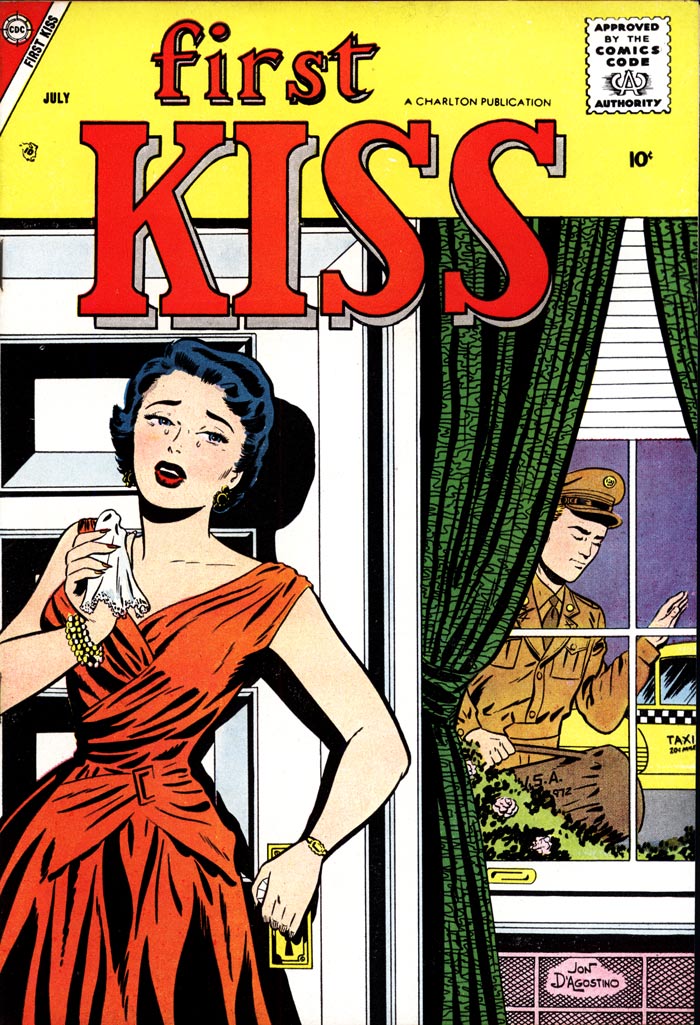 Art by Jon D’Agostino from the cover of FIRST KISS #4, 1958.