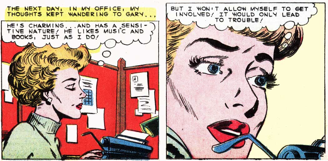 Art by Art Cappello & Vince Alascia from the story "A Kiss in the Dark" in FIRST KISS #11, 1959.