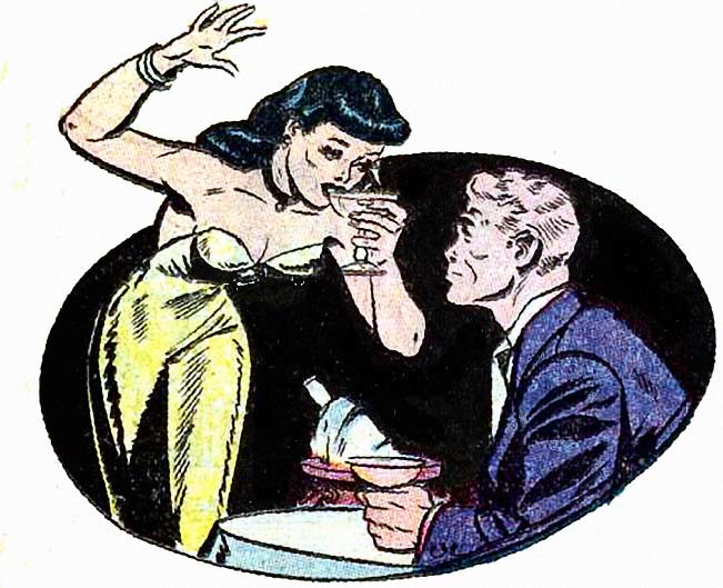 Art possibly by Jack Sparling From the story "Bottled Heartache" in GREAT LOVER ROMANCES #11, 1953.