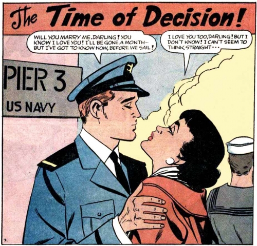 Artist unknown. (But possibly Vince Colletta had a hand in the art.) From the story "The Time of Decision" from BRIDES IN LOVE #9, 1958.