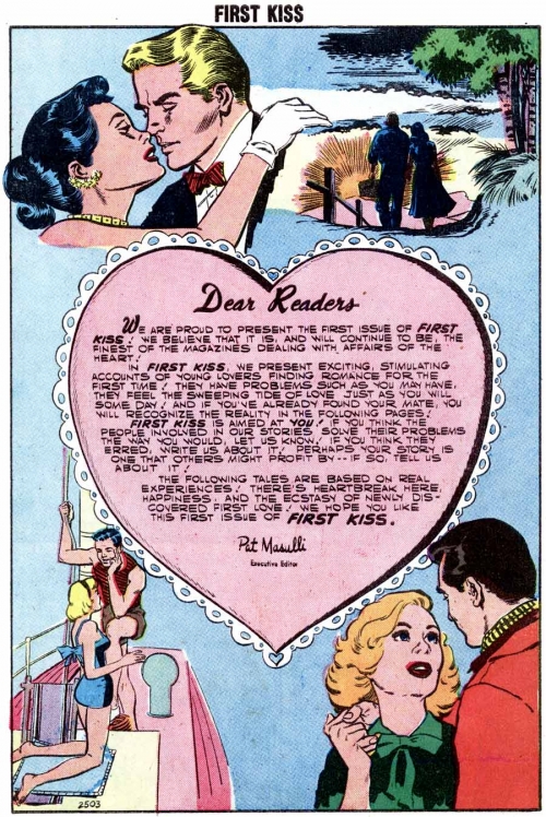 The first page of the first issue of the FIRST KISS comic book---drawn in 1957 by my hero Dick Giordano.