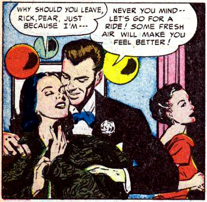 Art by Alice Kirkpatrick from the story "Claimed by the Past" in CINDERELLA LOVE #11, 1952.